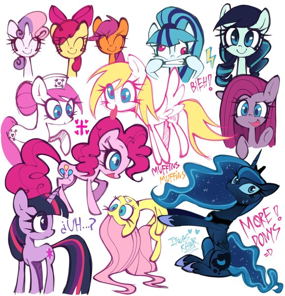 Size: 2100x2176 | Tagged: safe, artist:lulithmark, derpibooru import, apple bloom, coloratura, derpy hooves, fluttershy, nurse redheart, pinkie pie, princess luna, scootaloo, sonata dusk, sweetie belle, twilight sparkle, ponified, alicorn, earth pony, pegasus, pony, unicorn, g4, bow, bust, cutie mark crusaders, eyes closed, fangs, female, filly, foal, full body, hair bow, hat, holding, horn, image, jpeg, mare, pinkamena diane pie, simple background, smiling, sweat, sweatdrop, text, tongue out, white background