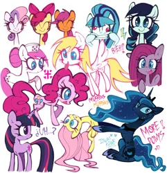 Size: 2100x2176 | Tagged: safe, artist:lulithmark, derpibooru import, apple bloom, coloratura, derpy hooves, fluttershy, nurse redheart, pinkie pie, princess luna, scootaloo, sonata dusk, sweetie belle, twilight sparkle, ponified, alicorn, earth pony, pegasus, pony, unicorn, g4, bow, bust, cutie mark crusaders, eyes closed, fangs, female, filly, foal, full body, hair bow, hat, holding, horn, image, jpeg, mare, pinkamena diane pie, simple background, smiling, sweat, sweatdrop, text, tongue out, white background