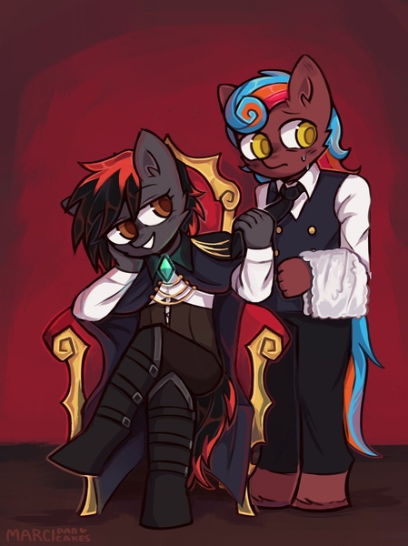 Size: 1615x2160 | Tagged: safe, artist:marcipancakes, derpibooru import, oc, oc:demagogue, anthro, butler, cape, clothes, dominant, eyelashes, female, femdom, glow, image, jpeg, necktie, smiling, smug, throne, transgender, село