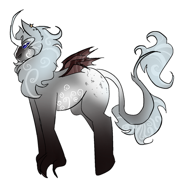 Size: 1280x1280 | Tagged: safe, derpibooru import, scorpan, star swirl the bearded, oc, oc:star sucker, gargoyle, hybrid, unicorn, g4, bat wings, blue sclera, claws, coat markings, connected mane, curly mane, curly tail, ear piercing, horn, image, interspecies offspring, lamb eyes, leonine tail, magical gay spawn, offspring, parent:scorpan, parent:star swirl the bearded, parents:scorswirl, piercing, png, socks (coat marking), stars, swirls, tail, white fade, white horn, wings, yellow star