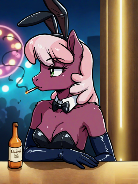 Size: 1904x2536 | Tagged: suggestive, ai content, derpibooru import, generator:autismmix confetti, prompter:bendy and boney, cheerilee, anthro, earth pony, g4, ai composition, bottle, bowtie, breasts, bunny ears, bunny suit, cigarette, cleavage, clothes, evening gloves, eyebrows, eyebrows visible through hair, fake ears, female, gloves, image, indoors, leotard, lidded eyes, long gloves, looking to the left, png, sideways glance, smoke, smoking, solo, solo female, strapless