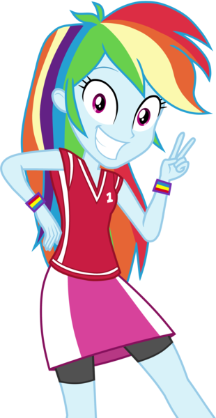 Size: 2580x5000 | Tagged: safe, artist:octosquish7260, derpibooru import, rainbow dash, human, equestria girls, g4, clothes, compression shorts, dashing through the mall, equestria girls specials, female, image, jersey, my little pony equestria girls: holidays unwrapped, peace sign, png, shirt, simple background, skirt, smiling, solo, teenager, teeth, transparent background, wristband