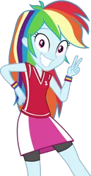 Size: 2580x5000 | Tagged: safe, artist:octosquish7260, derpibooru import, rainbow dash, human, equestria girls, g4, clothes, compression shorts, dashing through the mall, equestria girls specials, female, image, jersey, my little pony equestria girls: holidays unwrapped, peace sign, png, shirt, simple background, skirt, smiling, solo, teenager, teeth, transparent background, wristband