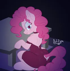 Size: 2700x2731 | Tagged: safe, artist:datzigga, derpibooru import, pinkie pie, earth pony, pony, g4, alternate hairstyle, blushing, cocktail dress, eyeshadow, female, image, makeup, mare, png, smiling, solo