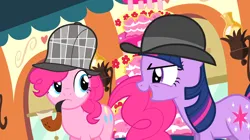 Size: 1674x940 | Tagged: safe, derpibooru import, screencap, pinkie pie, twilight sparkle, earth pony, unicorn, g4, mmmystery on the friendship express, bowler hat, bubble pipe, cake, deerstalker, detective, food, hat, horn, image, my little pony, pipe, png, sherlock holmes, sherlock pie, unicorn twilight, watson