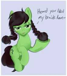 Size: 2315x2626 | Tagged: safe, artist:lillslim, derpibooru import, oc, oc:anonfilly, unofficial characters only, earth pony, pony, g4, braid, dialogue, drawthread, female, filly, image, looking at you, open mouth, png, requested art, seductive look, smiling, talking, talking to viewer, text