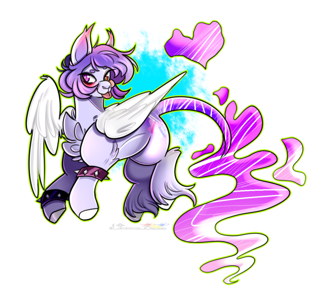 Size: 1231x1117 | Tagged: safe, artist:legendaryshadee, derpibooru import, oc, oc:ethereal dreams, pegasus, pony, bracelet, image, png, solo, spiked wristband, tongue out, wristband