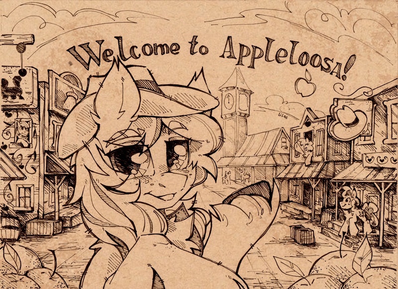 Size: 1772x1287 | Tagged: safe, artist:lilac clime, derpibooru import, apple bloom, applejack, big macintosh, braeburn, granny smith, earth pony, pony, g4, apple family, appleloosa, hat, image, jpeg, looking at you, male, monochrome, saloon, smiling, smiling at you, stallion, town, traditional art, western