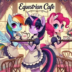 Size: 1024x1024 | Tagged: safe, ai content, derpibooru import, machine learning generated, prompter:strombolinator, pinkie pie, rainbow dash, twilight sparkle, earth pony, pegasus, semi-anthro, unicorn, g4, apron, chair, clothes, cup, equestrian cafe, female, horn, image, jpeg, maid, restaurant, table, teacup, teapot, trio, trio female, unicorn twilight, waitress