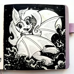 Size: 2992x2992 | Tagged: safe, artist:lilacclime, derpibooru import, fluttershy, bat pony, pony, g4, bat ponified, bat wings, eyelashes, fangs, female, flutterbat, image, inktober 2023, jpeg, looking at you, mare, monochrome, moon, race swap, smiling, smiling at you, solo, starry night, wings