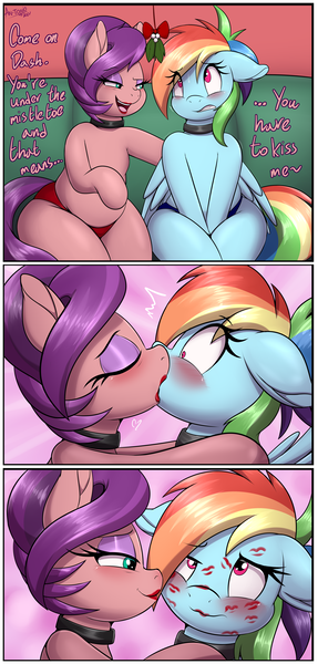 Size: 3000x6271 | Tagged: suggestive, artist:an-tonio, derpibooru import, rainbow dash, spoiled rich, earth pony, pegasus, pony, g4, alternate hairstyle, blushing, comic, female, fetish, image, kiss mark, kiss on the lips, kissing, lesbian, lipstick, lipstick fetish, mistletoe, png, ponytail, rarepair, ship:spoiledash, shipping, spoiledash