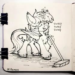 Size: 2992x2992 | Tagged: safe, artist:lilacclime, derpibooru import, twilight sparkle, alicorn, pony, g4, broom, chest fluff, cleaning, eyes closed, female, image, inktober 2023, jpeg, magic, mare, monochrome, singing, solo, sweeping, sweepsweepsweep, traditional art, twilight sweeple, wings