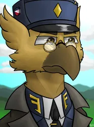 Size: 624x840 | Tagged: safe, artist:notoriousnostalgia, derpibooru import, oc, oc:gunnar sabel-karlsson, unofficial characters only, gryphon, equestria at war mod, beak, bust, cap, clothes, general, glasses, griffon oc, hat, image, male, military, military uniform, new characters for equestria at war, new characters for equestria at war mod, outdoors, pin, png, portrait, serious, serious face, solo, uniform