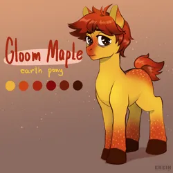 Size: 2000x2000 | Tagged: safe, artist:erein, derpibooru import, oc, oc:gloom maple, unofficial characters only, earth pony, pony, brown eyes, coat markings, ears, ears up, earth pony oc, freckles, gradient background, image, jpeg, looking at you, male, red mane, reference sheet, solo, stallion, tail, text, yellow coat