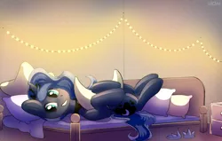 Size: 827x526 | Tagged: safe, artist:lilacclime, derpibooru import, princess luna, alicorn, pony, g4, bed, crown, cutie mark, digital art, ethereal mane, female, hug, image, jewelry, jpeg, looking at you, lying down, mare, on back, on bed, pillow, pillow hug, regalia, royalty, smiling, smiling at you, solo, string lights