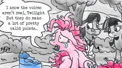 Size: 1200x675 | Tagged: safe, artist:pony-berserker, derpibooru import, doctor horse, doctor stable, pinkie pie, twilight sparkle, g4, cake, crying, doctor, food, image, insanity, messy mane, partial color, png, pony-berserker's twitter sketches, pony-berserker's twitter sketches (2024), schizophrenia, voices in the head