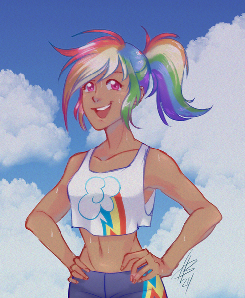 Size: 1400x1700 | Tagged: safe, artist:mundeestar, derpibooru import, rainbow dash, human, g4, athlete, clothes, cutie mark, cutie mark on clothes, female, hand on hip, humanized, image, open mouth, open smile, png, ponytail, shorts, signature, smiling, solo, sports shorts, sweat, tanktop