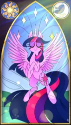 Size: 1280x2240 | Tagged: safe, artist:mundeestar, derpibooru import, twilight sparkle, twilight sparkle (alicorn), alicorn, pony, eyes closed, female, image, jpeg, mare, smiling, solo, spread wings, stained glass, window, wings