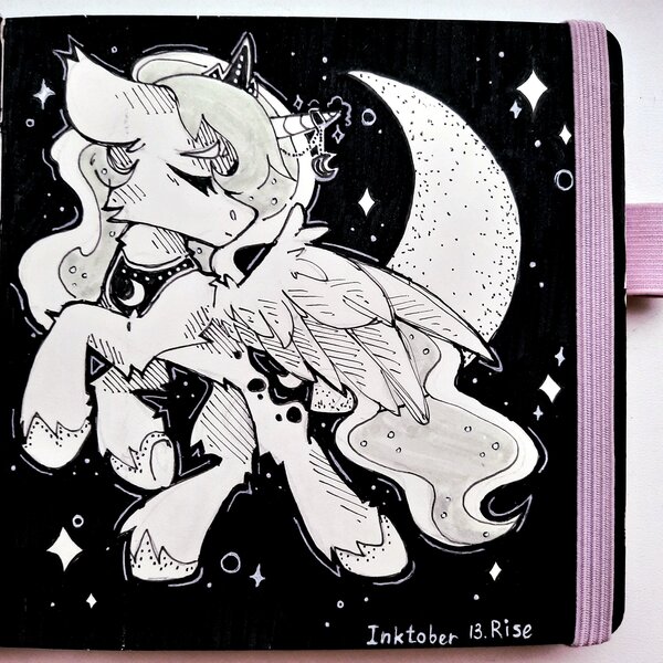 Size: 2992x2992 | Tagged: safe, artist:lilacclime, derpibooru import, princess luna, alicorn, pony, g4, black and white, crescent moon, ethereal mane, eyes closed, female, grayscale, image, inktober 2023, jewelry, jpeg, mare, monochrome, moon, peytral, royalty, solo, spread wings, starry mane, starry tail, stars, tail, wings