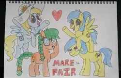 Size: 1388x900 | Tagged: safe, artist:toastymares, ponerpics import, oc, oc:fair flyer, oc:matinée, oc:morning mimosa, oc:soirée, unofficial characters only, earth pony, pegasus, pony, braces, braided tail, female, flying, glasses, happy, hat, heart, image, jpeg, mare, mare fair, mare fair 2024, raised hoof, round glasses, scrunchie, smiling, snowpity inc., standing, sun hat, traditional art, unamused