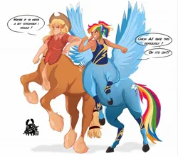 Size: 2048x1803 | Tagged: safe, artist:inkrred, derpibooru import, applejack, rainbow dash, centaur, human, pony, taur, g4, arm freckles, breasts, centaurified, clothes, dialogue, duo, duo female, eared humanization, female, freckles, grin, horse ears, humanized, image, jpeg, leg wraps, light skin, mare, pegataur, plaid shirt, ponytail, rearing, shirt, simple background, smiling, species swap, speech bubble, spread wings, tan skin, tanktop, white background, wings