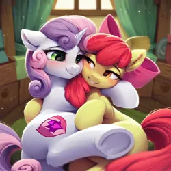 Size: 1536x1536 | Tagged: safe, ai content, derpibooru import, machine learning generated, prompter:ranserthus, stable diffusion, apple bloom, sweetie belle, earth pony, pony, unicorn, g4, adorabloom, blushing, cuddling, cute, cutie mark, diasweetes, duo, female, generator:pony diffusion v6 xl, horn, hug, image, indoors, jpeg, lesbian, mare, older, older apple bloom, older sweetie belle, ship:sweetiebloom, shipping, the cmc's cutie marks