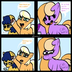 Size: 768x768 | Tagged: safe, artist:kharmacal, derpibooru import, oc, oc:autumn bloom, oc:orange creamsicle, oc:shy tide, unofficial characters only, earth pony, pony, 4 panel comic, 4koma, caption, colt, comic, cookie, female, filly, foal, food, image, image macro, male, png, text, trio, two toned hair, wingding eyes