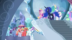 Size: 1280x720 | Tagged: safe, derpibooru import, screencap, amethyst maresbury, amethyst shard, citrine nectar, crystal arrow, crystal beau, crystal varado, fleur de verre, golden väs, ivory, ivory rook, night knight, princess cadance, princess celestia, princess luna, sapphire joy, alicorn, crystal pony, pony, g4, the crystalling, butt, crystal empire, ethereal mane, ethereal tail, golden hooves (g4), image, long mane, long tail, my little pony, plot, png, slender, sugar glass, tail, thin