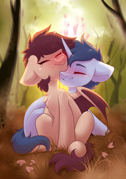 Size: 2893x4092 | Tagged: safe, artist:kebchach, derpibooru import, oc, oc:slumber tea, oc:tesseract, unofficial characters only, bat pony, pony, unicorn, bat pony oc, bat wings, blushing, chest fluff, commission, cuddling, cute, duo, duo male and female, ear fluff, eyes closed, female, floppy ears, forest, grass, heart, horn, hug, image, male, mare, nature, oc x oc, outdoors, png, shipping, sitting, slumberact, soft color, stallion, straight, tree, unicorn oc, wings, ych result