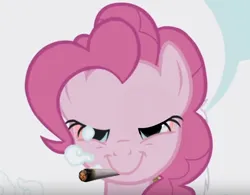 Size: 1130x882 | Tagged: safe, derpibooru import, edit, pinkie pie, g4, griffon the brush off, cloud, drugs, image, lidded eyes, marijuana, my little pony, png, screenshots, smiling, solo