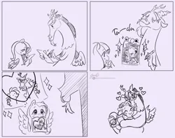 Size: 2040x1605 | Tagged: safe, artist:samsemogart, derpibooru import, discord, fluttershy, g4, 4 panel comic, art, artist, blushing, comic, drawing, heart, hisscord, hug, image, jpeg, monochrome, paper, pencil drawing, sparkles, ta-da!, traditional art