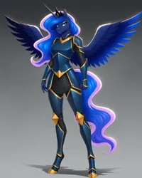 Size: 1920x2400 | Tagged: safe, ai content, derpibooru import, prompter:aiboi, princess luna, anthro, unguligrade anthro, g4, ai composition, armor, chainmail, colored wings, ethereal hair, ethereal tail, ethereal wings, female, image, looking at you, plate armor, png, scale armor, simple background, smiling, smirk, solo, spread wings, tail, wings