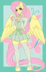 Size: 792x1224 | Tagged: safe, artist:inkkeystudios, derpibooru import, fluttershy, anthro, pegasus, unguligrade anthro, g4, clothes, colored hooves, cutie mark background, dress, eyeshadow, female, hands together, hooves, image, makeup, painted nails, png, signature, socks, solo, thigh highs, unshorn fetlocks