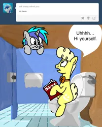 Size: 666x827 | Tagged: safe, artist:mod wit, derpibooru import, oc, oc:bananas wit, unofficial characters only, ask, askbananaswit, bathroom, bathroom stall, do you mind, image, magazine, peering, png, privacy, sitting, sitting on toilet, tile, tiled floor, toilet, toilet humor, toilet paper, tumblr