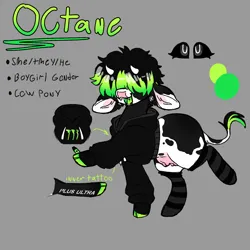 Size: 1500x1500 | Tagged: safe, artist:octanez, derpibooru import, oc, oc:octane, cow, cow pony, apex legends, clothes, gray background, hoodie, image, png, reference, reference sheet, simple background, socks, vape