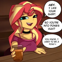 Size: 1500x1500 | Tagged: suggestive, artist:tjpones, derpibooru import, sunset shimmer, human, equestria girls, g4, alcohol, big breasts, breast rest, breasts, busty sunset shimmer, choker, dialogue, drink, glass, image, looking at you, narrowed eyes, open mouth, open smile, png, smiling, smiling at you, solo, speech bubble, talking to viewer