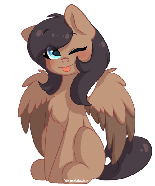 Size: 1000x1200 | Tagged: safe, artist:cottonsweets, derpibooru import, oc, oc:quillwright, unofficial characters only, pegasus, fallout equestria, :p, blushing, chest fluff, eyebrows, eyebrows visible through hair, fallout equestria: of shadows, female, image, one eye closed, png, simple background, sitting, solo, tongue out, transparent background, wink