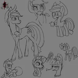 Size: 1155x1155 | Tagged: safe, artist:this_sl0th, derpibooru import, applejack, rarity, earth pony, pony, unicorn, g4, applejack's hat, breath, bust, comb, cowboy hat, emanata, female, freckles, gray background, grayscale, hat, horn, image, levitation, magic, magic aura, mare, monochrome, png, simple background, sketch, sketch dump, solo, telekinesis, thin