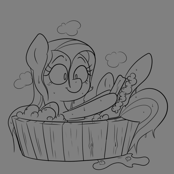 Size: 1155x1155 | Tagged: safe, artist:this_sl0th, derpibooru import, fluttershy, pegasus, pony, g4, bath, bathing, brush, female, gray background, grayscale, image, mare, monochrome, png, simple background, smiling, solo, tub, washing, wet, wet mane