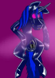 Size: 850x1191 | Tagged: suggestive, artist:sharpteethstudios, derpibooru import, shining armor, pony, unicorn, g4, clothes, crotch bulge, full body, gas mask, glow, glowing eyes, horn, hypnosis, hypnotized, image, jpeg, latex, latex suit, locked, mask, requested art, rubber suit, rubbing, solo, suit