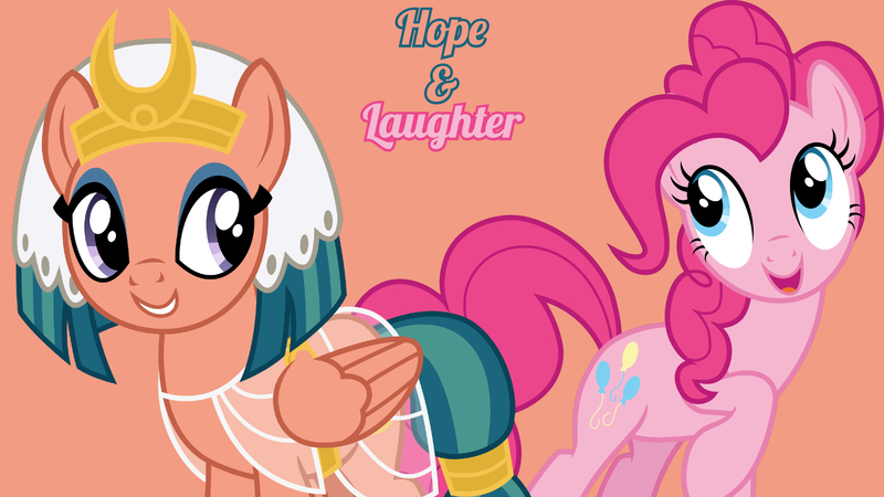 Size: 1920x1080 | Tagged: safe, artist:cloudy glow, artist:sketchmcreations, derpibooru import, edit, editor:jaredking779, pinkie pie, somnambula, earth pony, pegasus, pony, g4, clothes, duo, duo female, egyptian headdress, female, folded wings, headdress, image, jpeg, mare, open mouth, see-through, simple background, smiling, wings