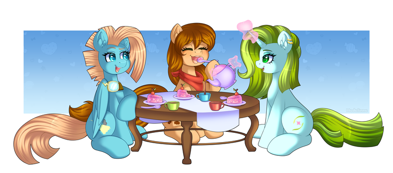 Size: 6800x3000 | Tagged: safe, artist:madelinne, derpibooru import, oc, oc:nova star, oc:sweet bear, oc:thunder burst, unofficial characters only, pegasus, pony, unicorn, cake, cup, eating, food, horn, image, pegasus oc, png, talking, tea, teacup, teapot, trio, unicorn oc, wings