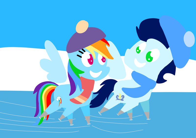 Size: 3553x2499 | Tagged: safe, anonymous artist, derpibooru import, rainbow dash, soarin', pegasus, pony, series:soarindash all seasons, series:soarindash winter, derpibooru exclusive, female, ice skating, image, looking at each other, looking at someone, male, mare, png, pointy ponies, shipping, smiling, smiling at each other, snow, soarindash, stallion, straight, winter, winter clothes