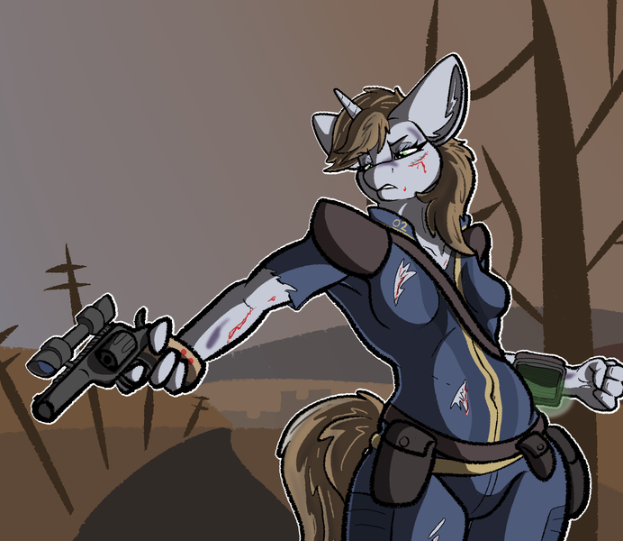 Size: 1254x1087 | Tagged: safe, artist:pen-and-paper, derpibooru import, oc, oc:littlepip, anthro, unicorn, fallout equestria, angry, blood, clothes, female, gun, handgun, horn, image, injured, jumpsuit, little macintosh, outline, png, pointing, revolver, scowl, solo, torn clothes, vault suit, weapon