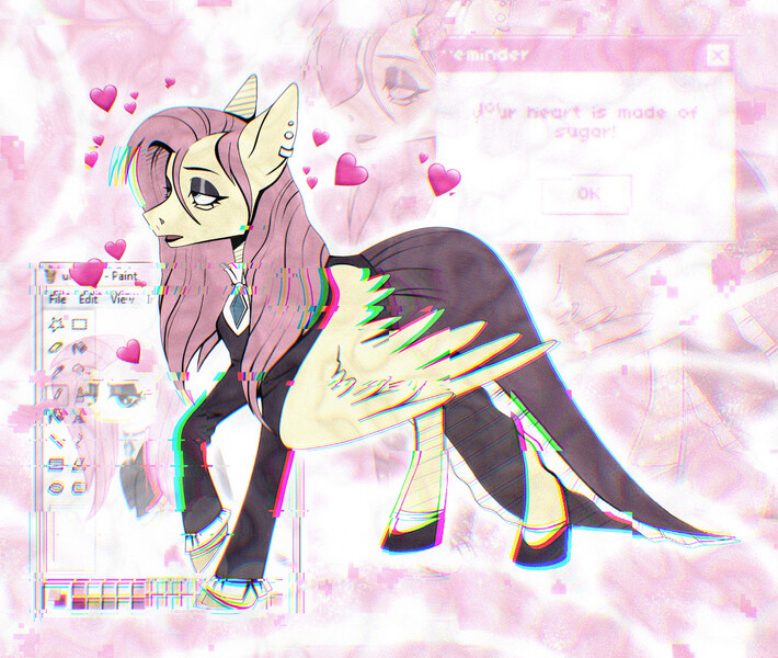 Size: 2088x1764 | Tagged: safe, artist:soybatya, derpibooru import, fluttershy, pegasus, pony, g4, chromatic aberration, female, fluttergoth, heart, image, jpeg, mare, ms paint, raised hoof, solo, webcore, zoom layer