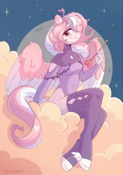 Size: 1438x2048 | Tagged: safe, artist:skysorbett, derpibooru import, oc, unofficial characters only, anthro, pegasus, arrow, clothes, cloud, female, hooves, horns, image, jpeg, looking at you, moon, sitting, sky, smiling, smiling at you, solo, stars, winged hooves, wings