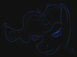 Size: 3004x2212 | Tagged: safe, artist:malthehellbat, derpibooru import, princess luna, alicorn, pony, g4, black background, ethereal mane, female, flowing mane, head shot, horn, image, lineart, mare, monochrome, plasma mane, png, simple background, smiling, solo, solo female