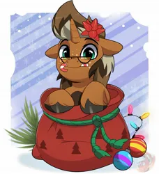 Size: 1822x1999 | Tagged: safe, artist:joaothejohn, derpibooru import, oc, oc:macchiato, unofficial characters only, pony, unicorn, candy, candy cane, christmas, christmas lights, commission, cute, floppy ears, food, glasses, holiday, horn, image, jpeg, looking at you, santa sack, simple background, text, unicorn oc, your character here