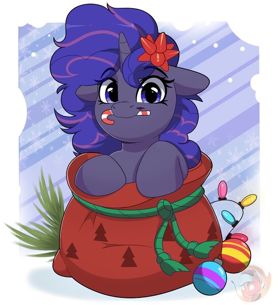 Size: 1822x1999 | Tagged: safe, artist:joaothejohn, derpibooru import, oc, oc:mystic brew, unofficial characters only, pony, unicorn, candy, candy cane, christmas, christmas lights, commission, cute, floppy ears, food, holiday, horn, image, jpeg, looking at you, multicored hair, santa sack, simple background, text, unicorn oc, your character here