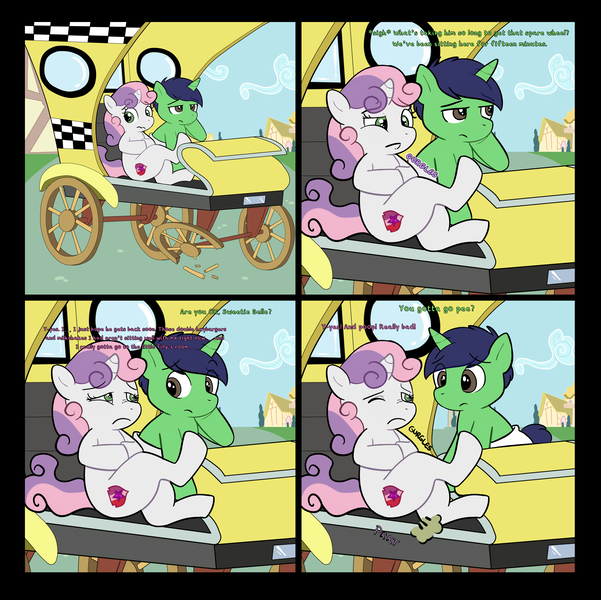 Size: 3279x3271 | Tagged: questionable, artist:zombineko, derpibooru import, sweetie belle, oc, oc:swift brush, pony, unicorn, comic:padded desperation, bored, broken, carriage, colt, comic, crossed legs, diaper, diaper fetish, fart, female, fetish, filly, image, male, need to pee, need to poop, oc and canon, one eye closed, png, ponyville, potty emergency, potty time, sitting, speech, stomach noise, talking, taxi, text, tummy ache, wheel